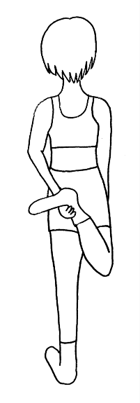 図２　大腿四頭筋のストレッチングでは、反対側の手で足を持つこと。